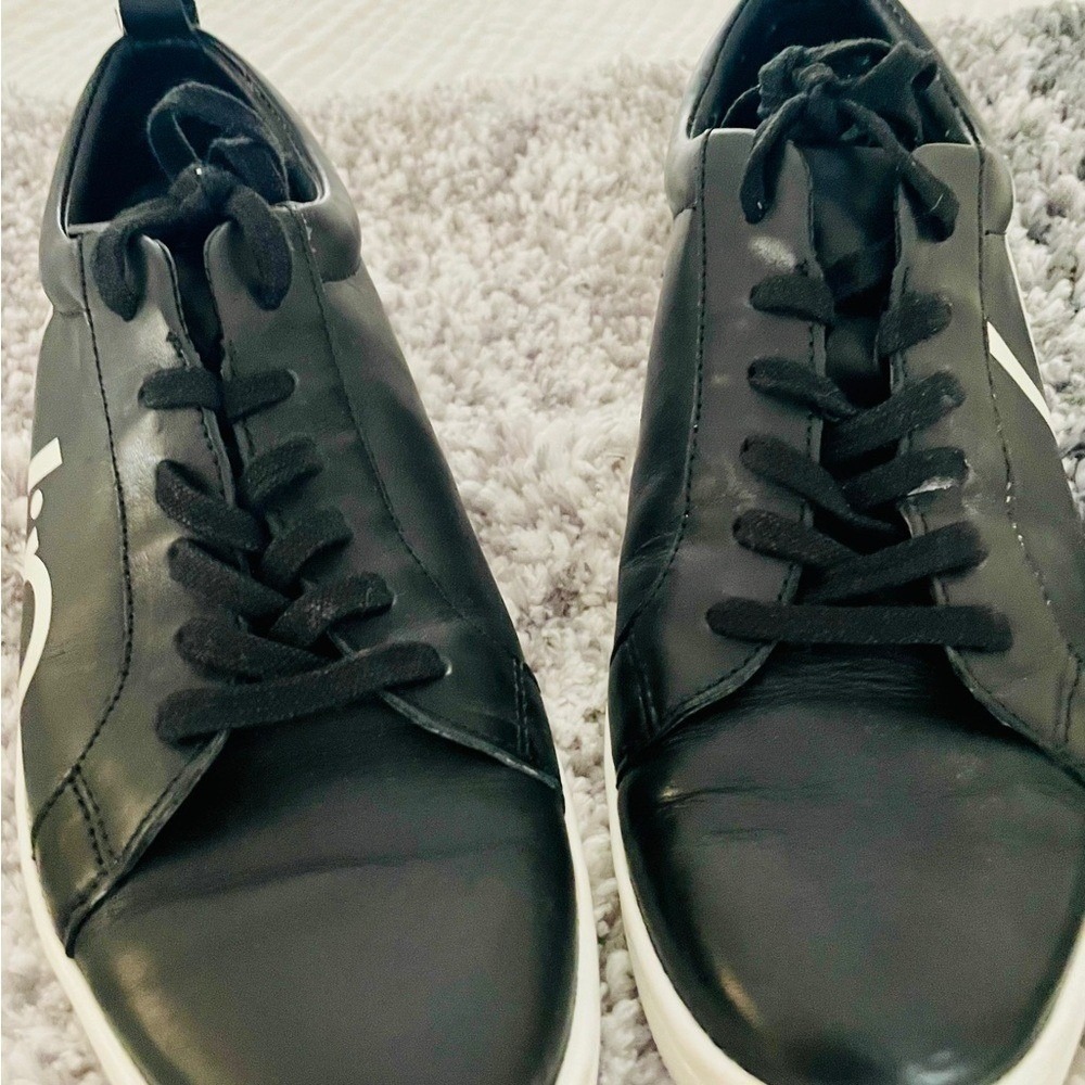 Calvin Klein Womens Black Leather Low Top Logo Sneakers White Contrast Sole - Picture 6 of 7